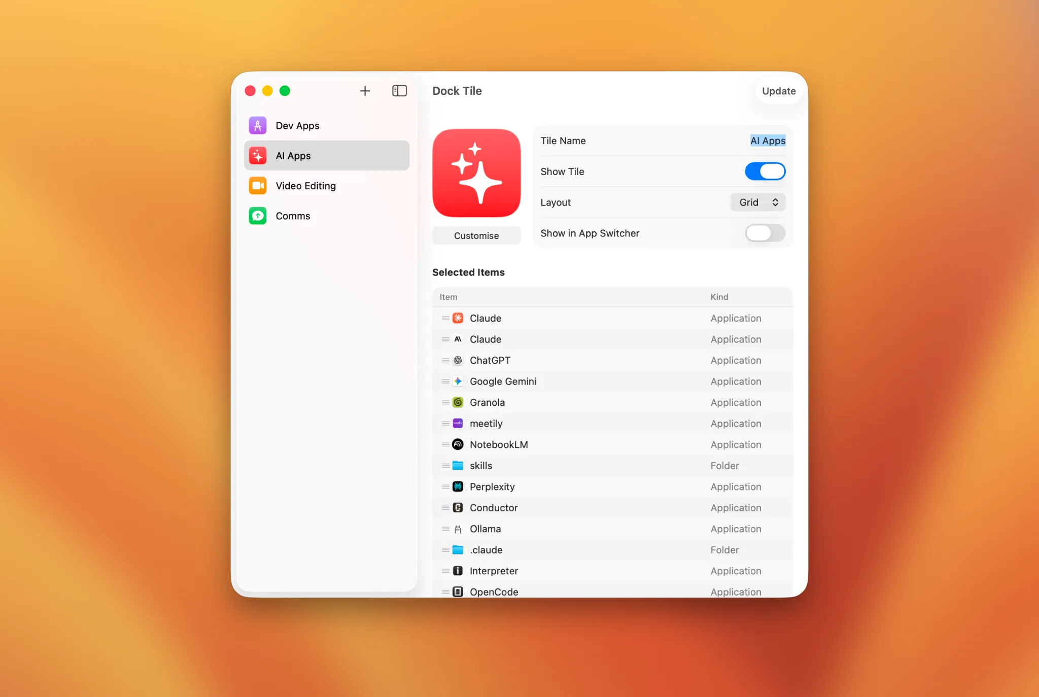 Dock Tile app main view
